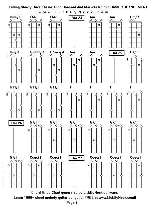 Chord Grids Chart of chord melody fingerstyle guitar song-Falling Slowly-Once Theme-Glen Hansard And Marketa Irglova-BASIC ARRANGEMENT ,generated by LickByNeck software.